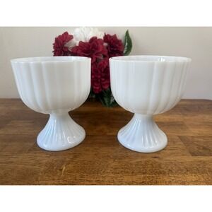 Vintage Milk Glass‎ Pedestal Compotes – Fluted Bowl Design Wedding Decor Retro